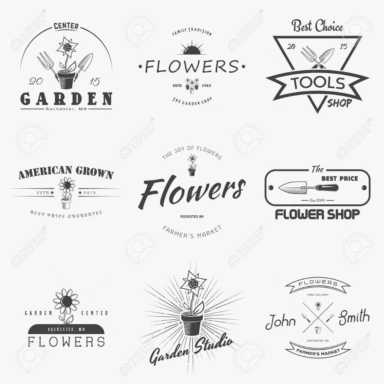 花を育てる農場 園芸ツールのお店です ガーデン センターは ヴィンテージのラベルのセット モノクロ印刷ラベル ステッカー ロゴとバッジ フラットのベクトル図 のイラスト素材 ベクタ Image