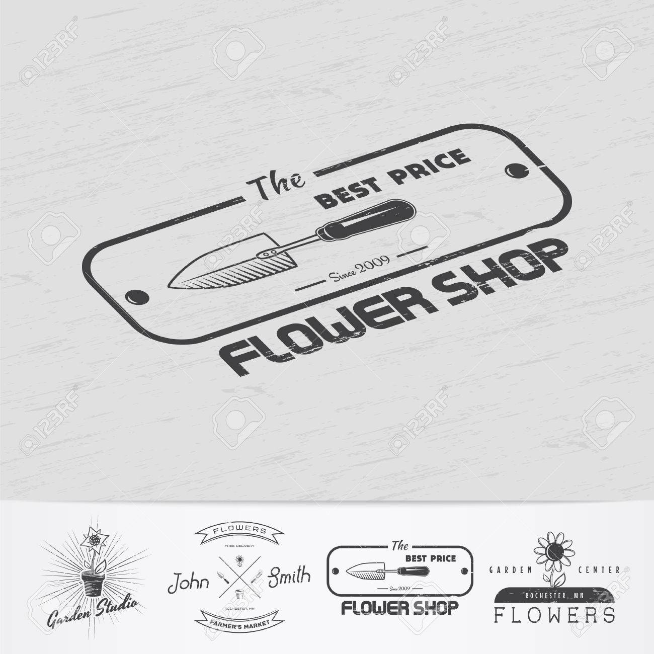 花を育てる農場 園芸ツールのお店です ガーデン センターは ヴィンテージのラベルのセット モノクロ印刷ラベル ステッカー ロゴとバッジ のイラスト素材 ベクタ Image