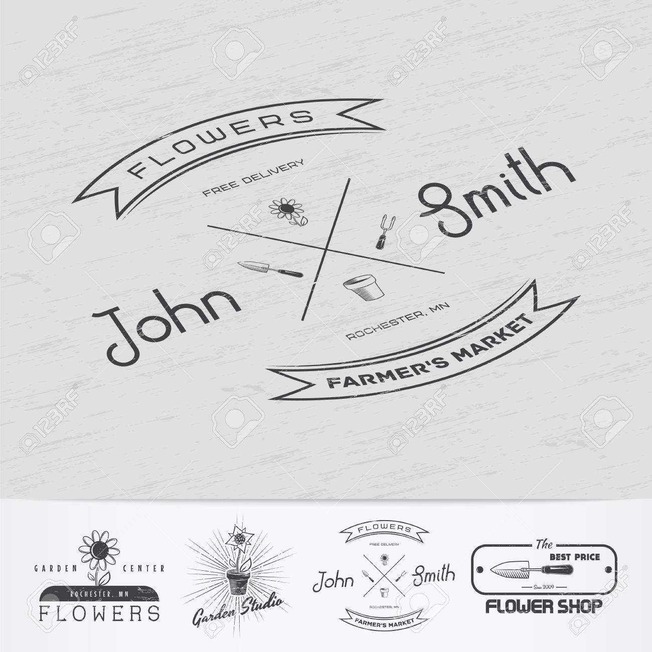花を育てる農場 園芸ツールのお店です ガーデン センターは ヴィンテージのラベルのセット モノクロ印刷ラベル ステッカー ロゴとバッジ のイラスト素材 ベクタ Image