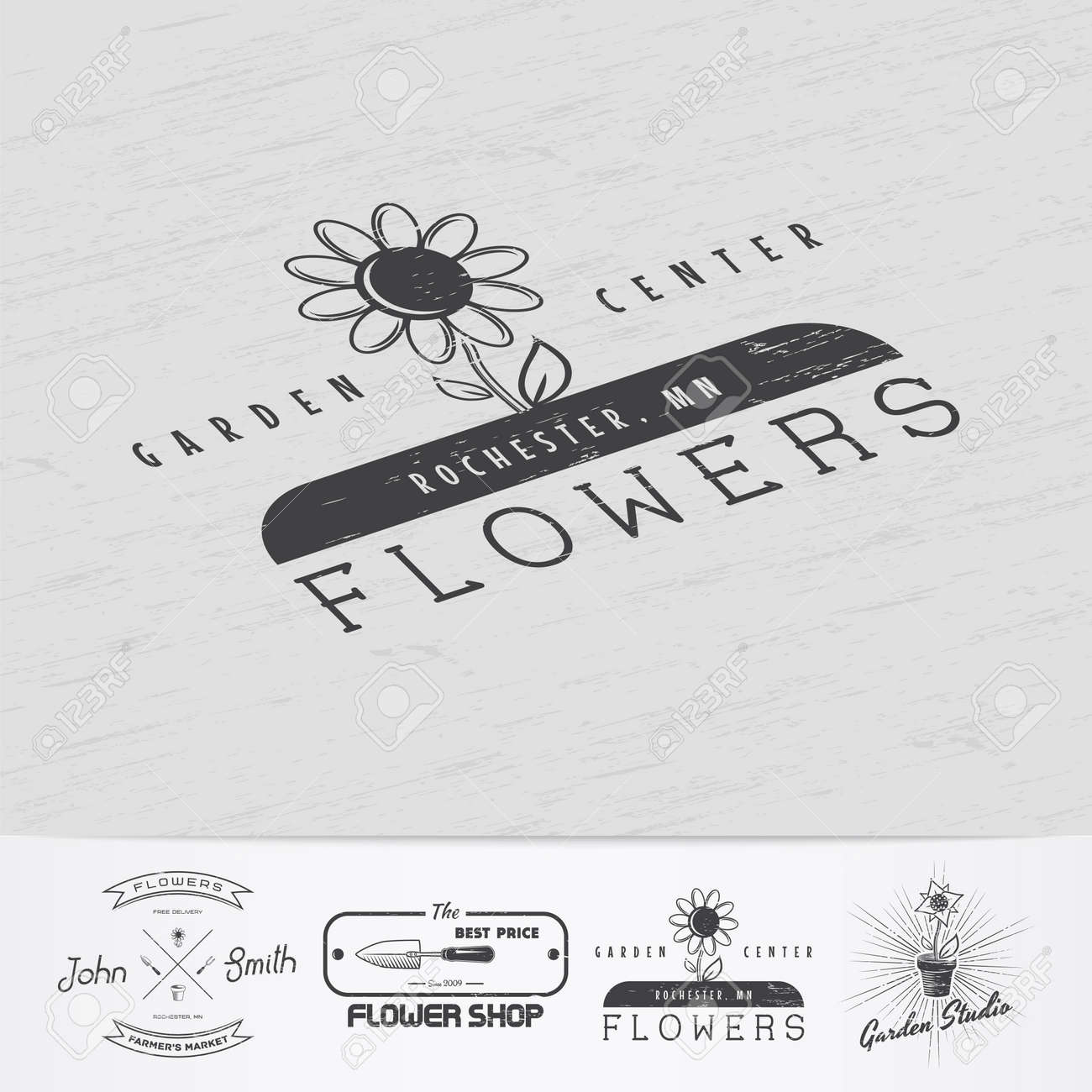 花を育てる農場 園芸ツールのお店です ガーデン センターは ヴィンテージのラベルのセット モノクロ印刷ラベル ステッカー ロゴとバッジ のイラスト素材 ベクタ Image
