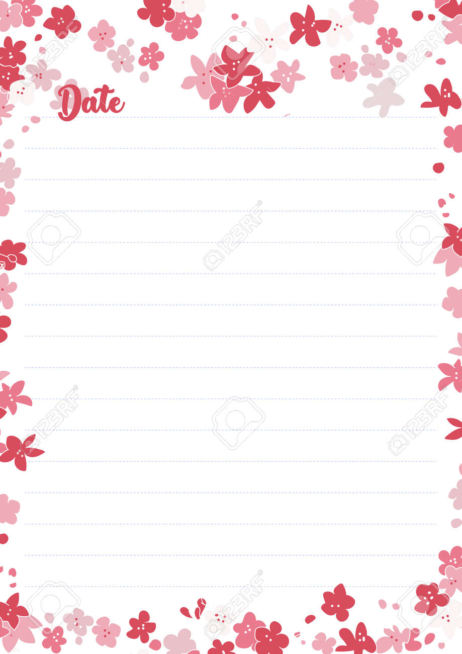 vector printing paper note optimal a4 size kawaii paper for notebook diary planners letters notes cute illustration with pink flowers abstract design lined version royalty free svg cliparts vectors and stock illustration