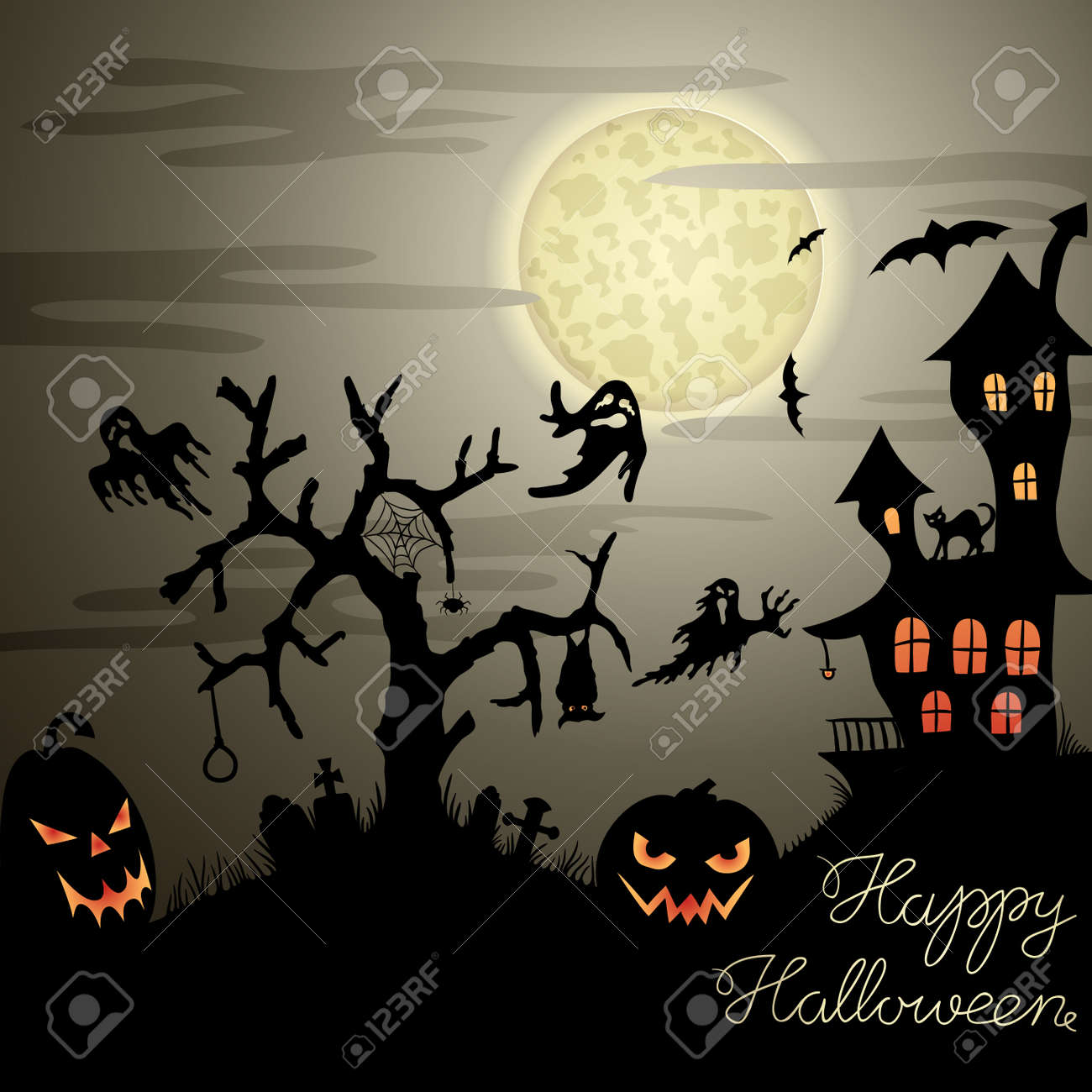 happy halloween greeting card with ghosts graves bats pumpkins halloween greeting