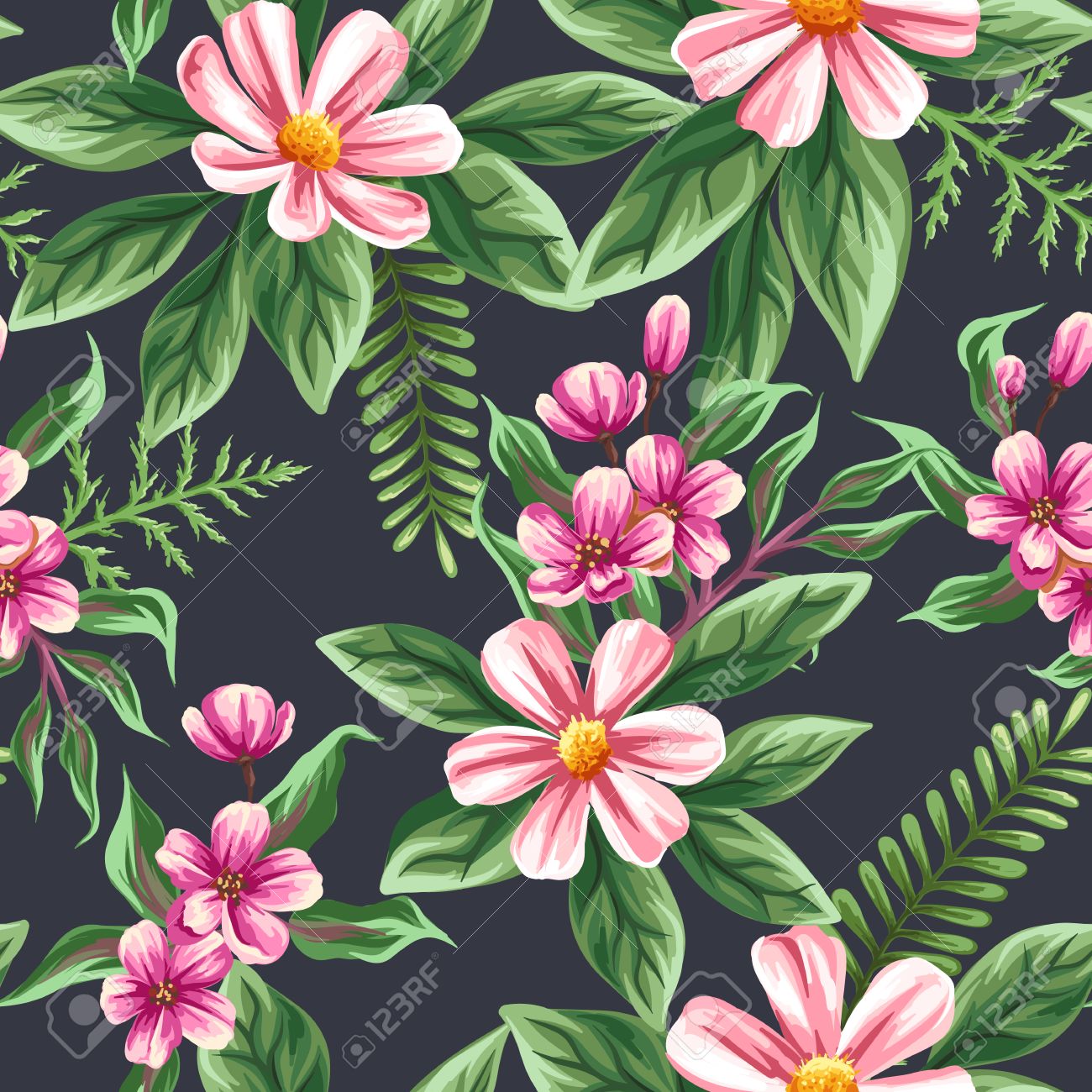 floral seamless pattern with flowers and leaves on dark background