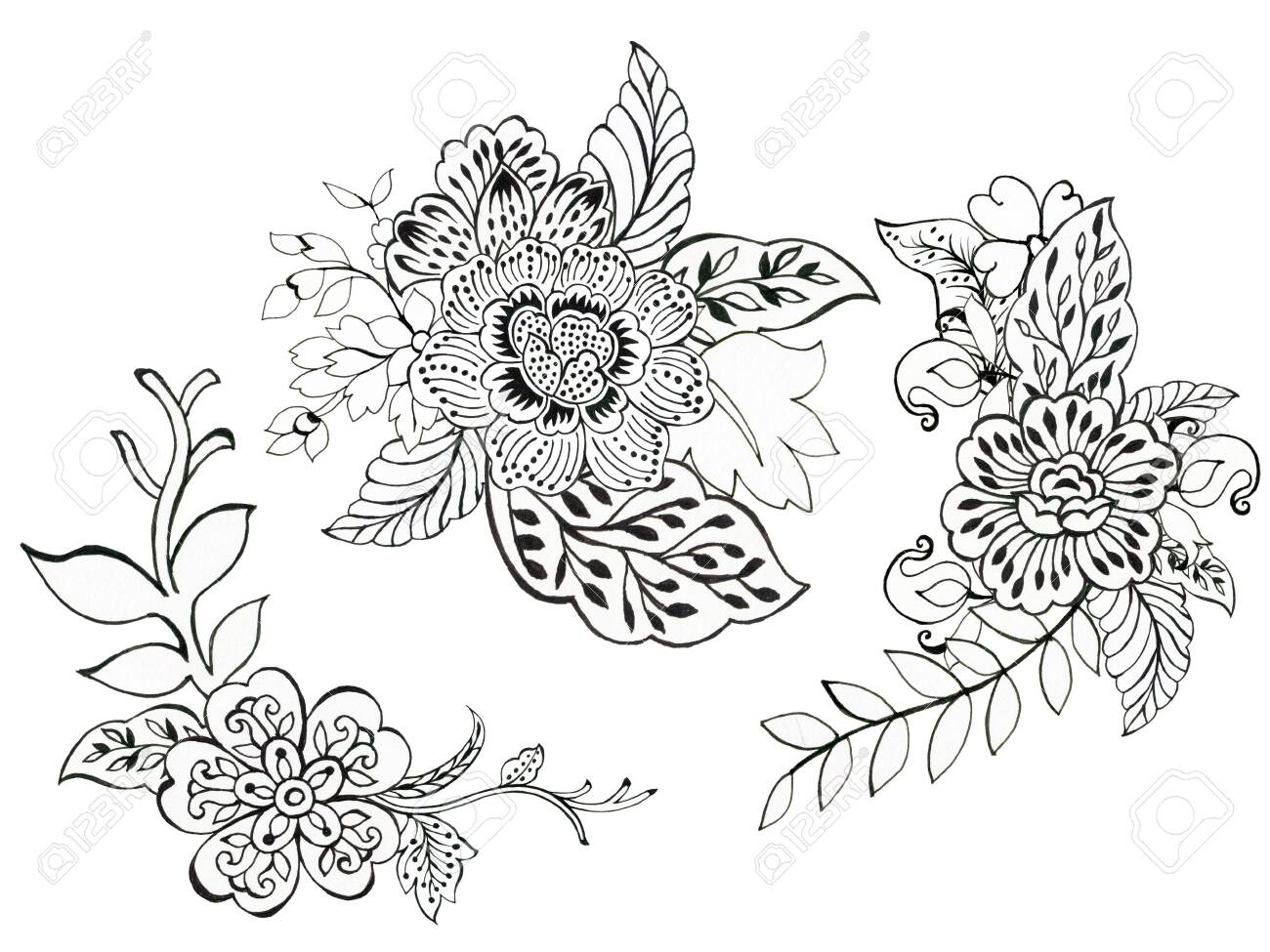 Hand Drawn Illustration Henna Tattoo Elements And Bouquet For