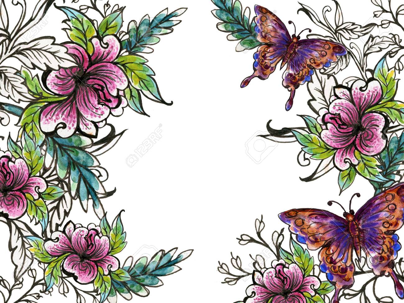 Beautiful watercolor of oriental flowers