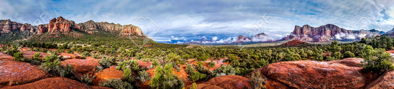 Panorama of Cathedral Mountain and Munds Mountain Wilderness between the Village of Oak Creek and Sedona in northern Arizona in Coconino National Forest, United States of America - 159817613 Panorama of Cathedral Mountain and Munds Mountain Wilderness between the Village of Oak Creek and Sedona in northern Arizona in Coconino National Forest, United States of America - 159817613