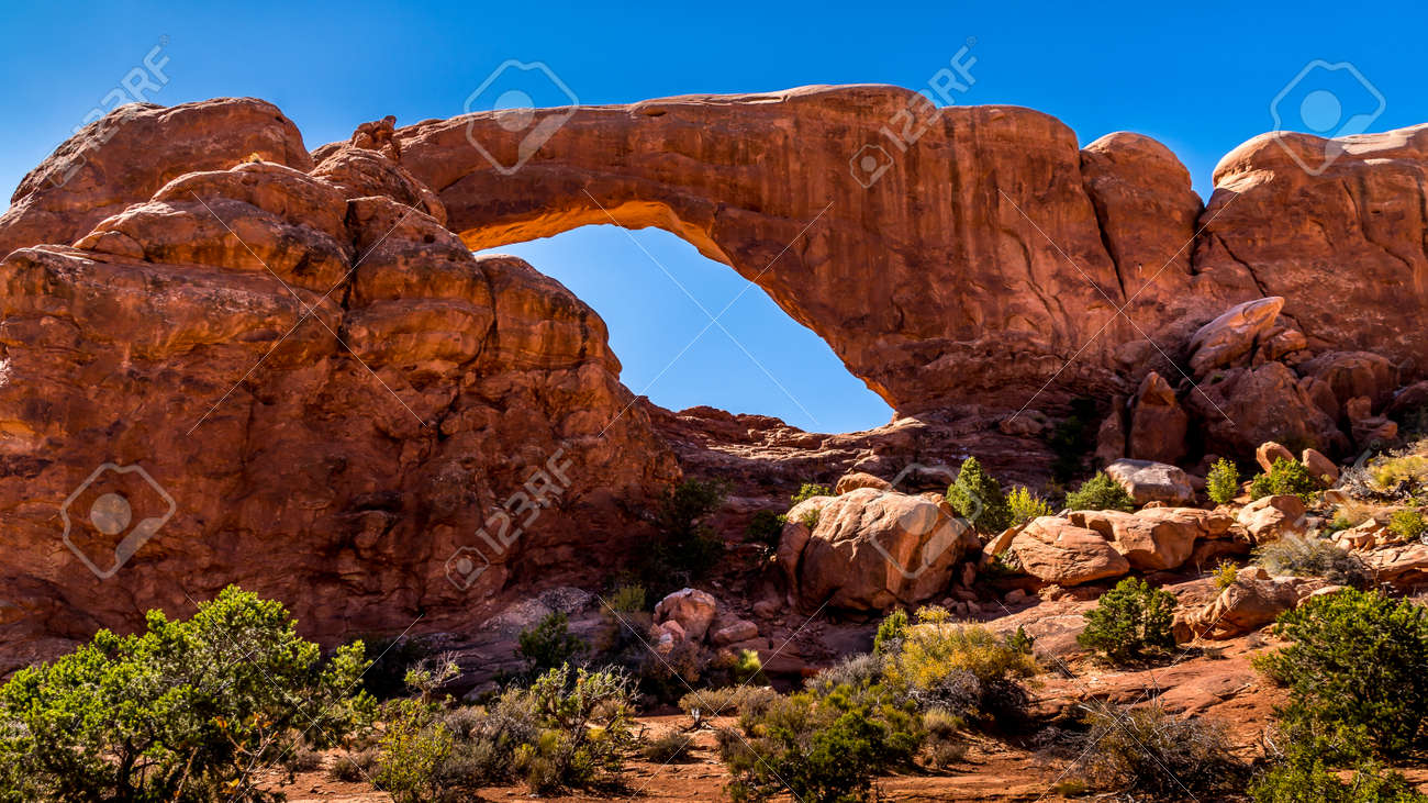 The South Window Arch, one of the many large Sandstone Arches in Arches National Park, Utah, United States - 163724924 The South Window Arch, one of the many large Sandstone Arches in Arches National Park, Utah, United States - 163724924