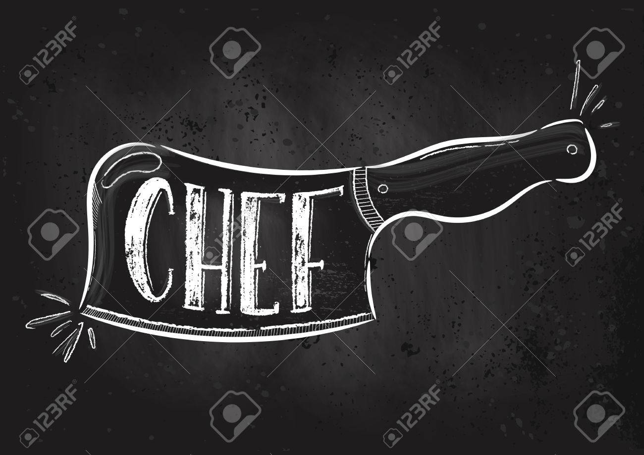 ベクトルは手描き下ろしイラストです ナイフ シェフをチョーク ボードに描画します カフェ レストラン キッチン ポスターのためのアイデア の写真素材 画像素材 Image