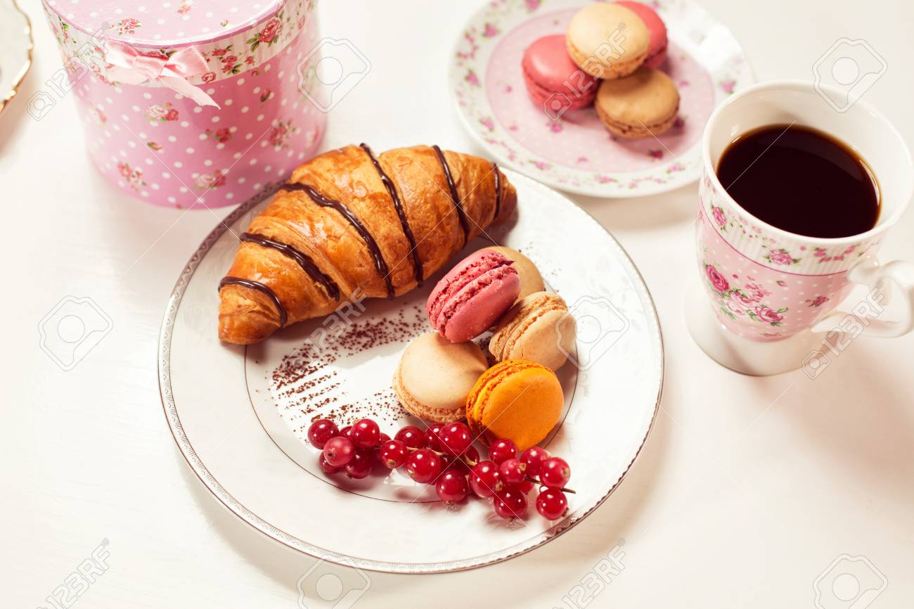 Chocolate croissant and macarons