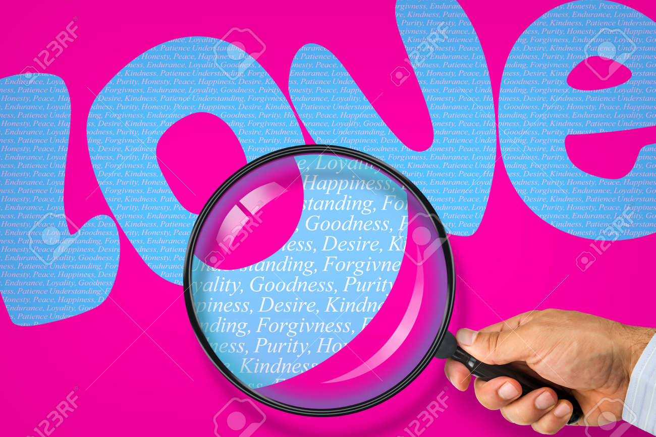 名前愛虫眼鏡で観察は その類義語を示しています 優しさ 忍耐の理解 Forgivness 耐久性 忠誠 良さ 純度 誠実さ 平和 幸福 欲望 の写真素材 画像素材 Image