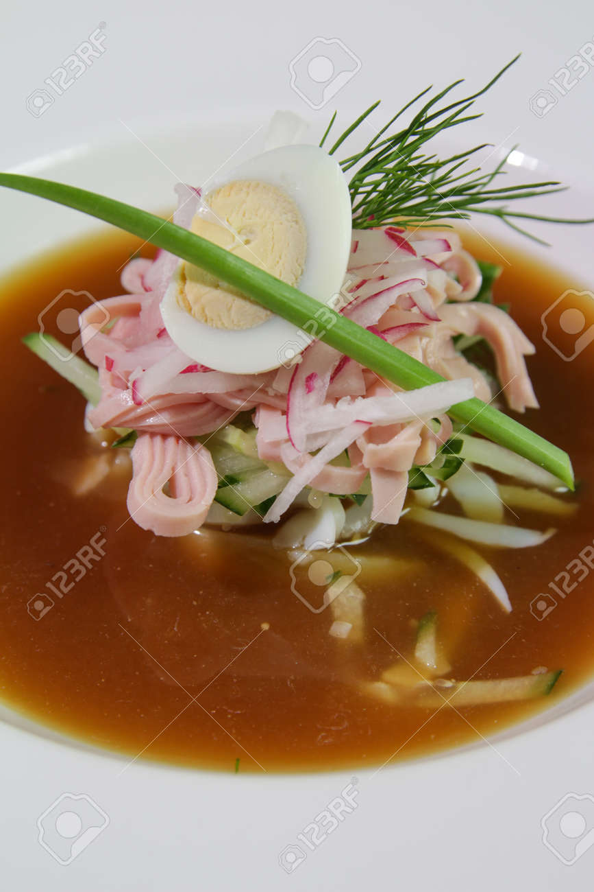 Very Close-up of Kvass okroshka in a white plate. - 140470823 Very Close-up of Kvass okroshka in a white plate. - 140470823