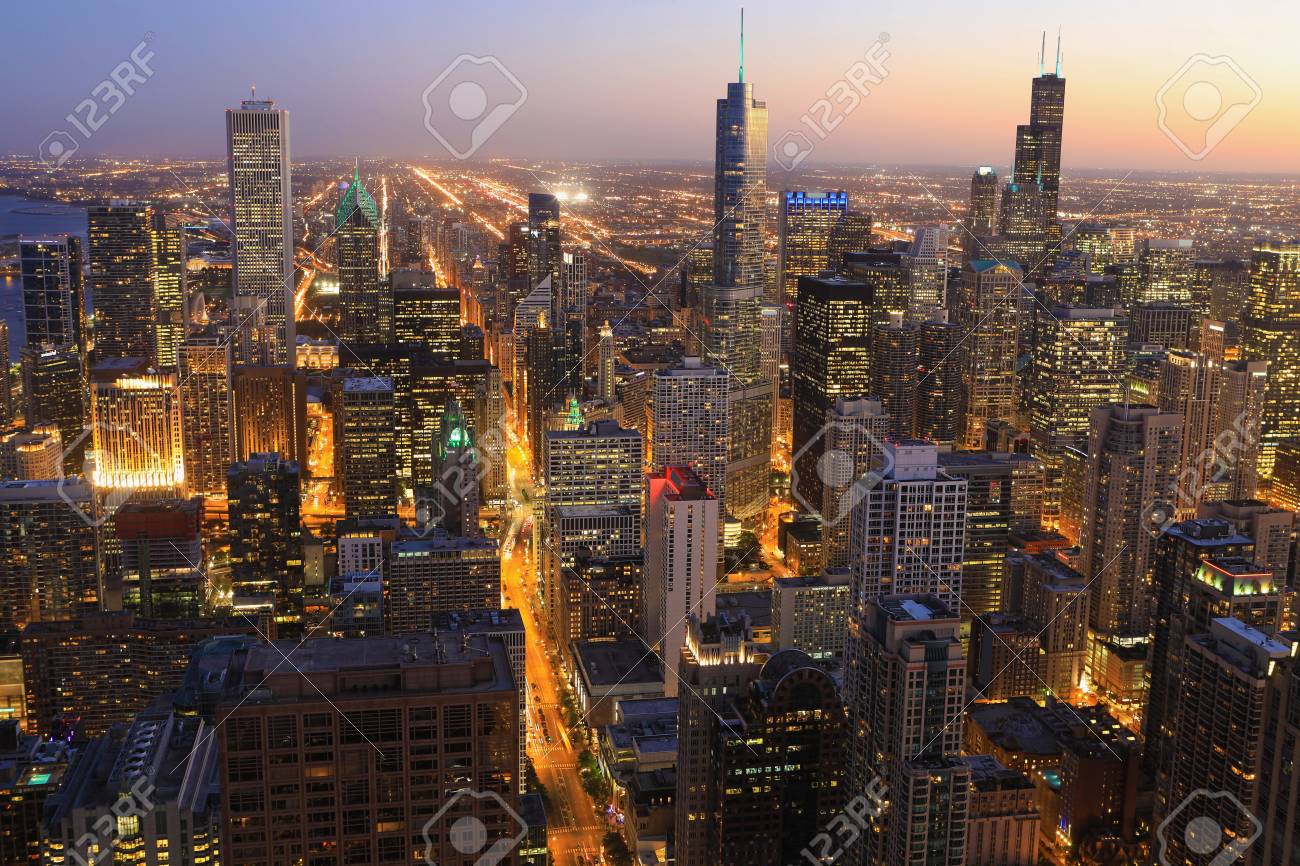 An Aerial Of Chicago Skyline At Night