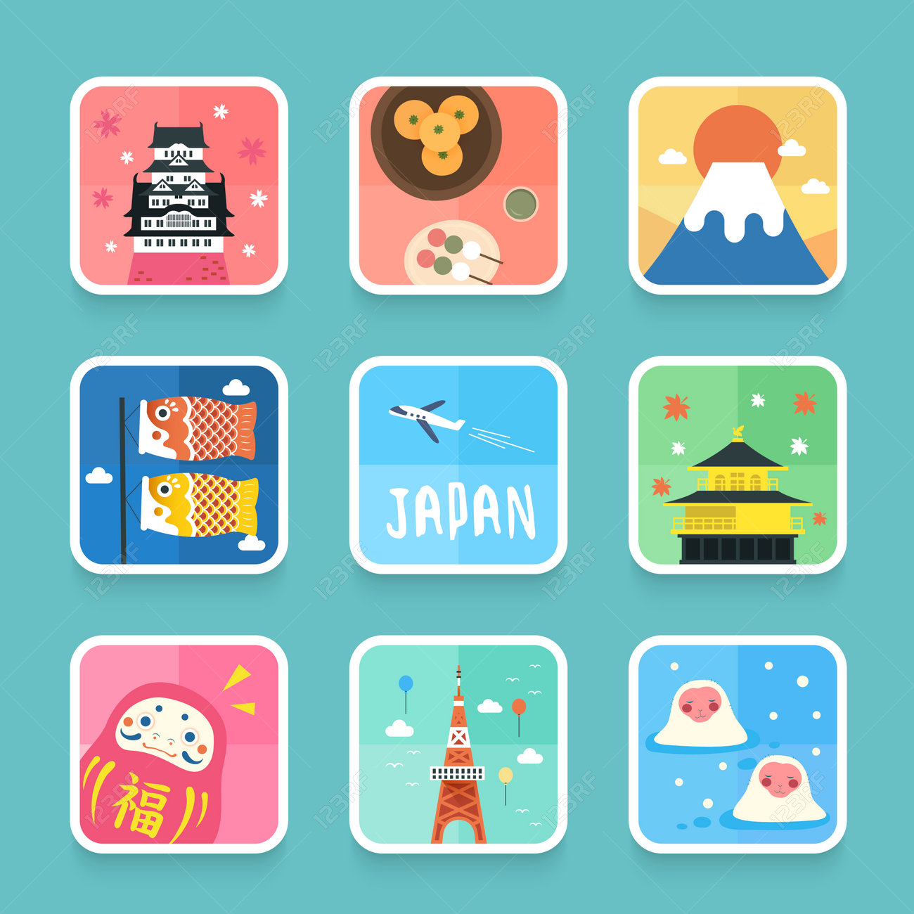 フラットなデザインでかわいい日本文化のシンボル コレクション のイラスト素材 ベクタ Image