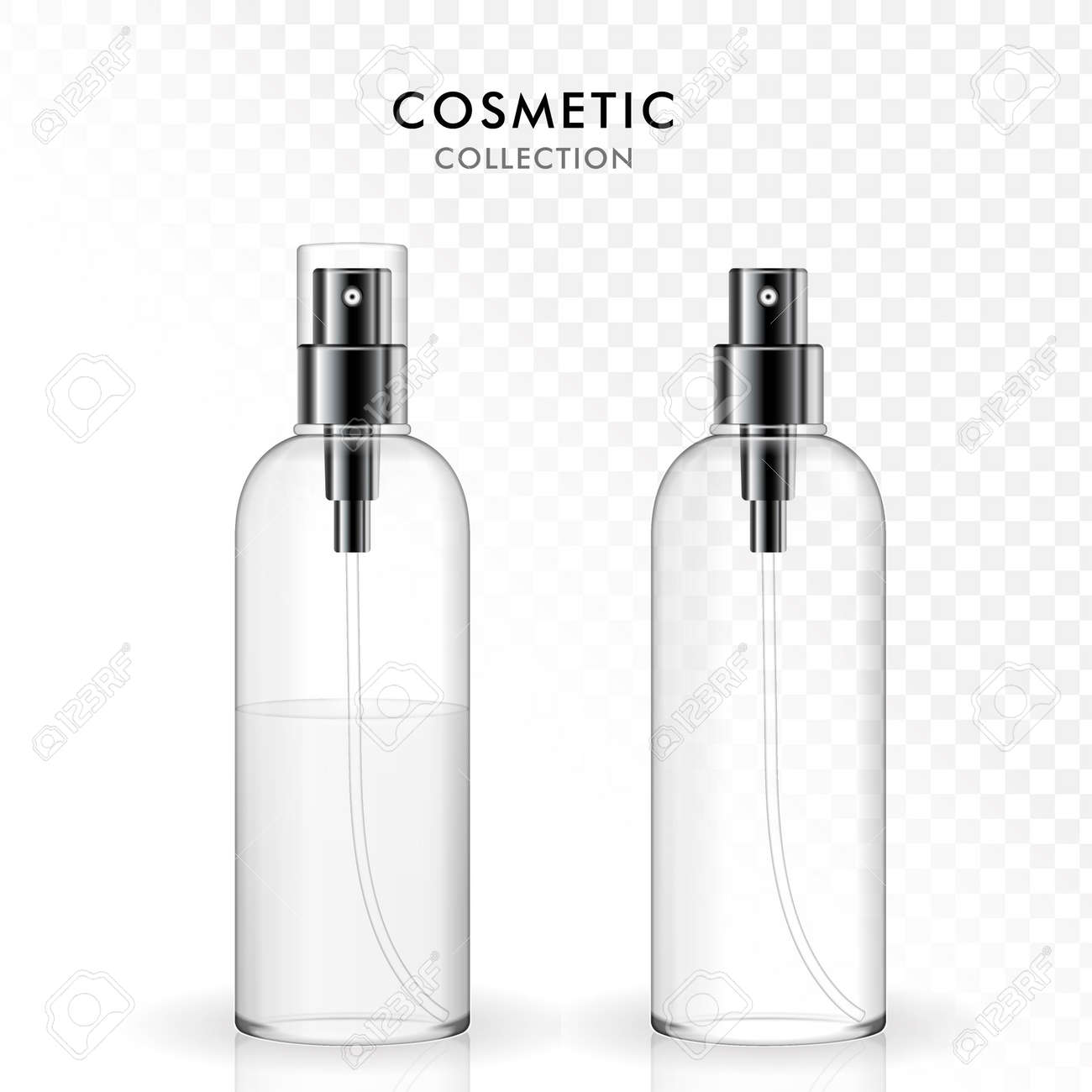化粧スプレー ボトル テンプレート セット 3 D イラストレーション現実的な透明なガラス瓶 空と満たされたボトルのイラスト素材 ベクタ Image