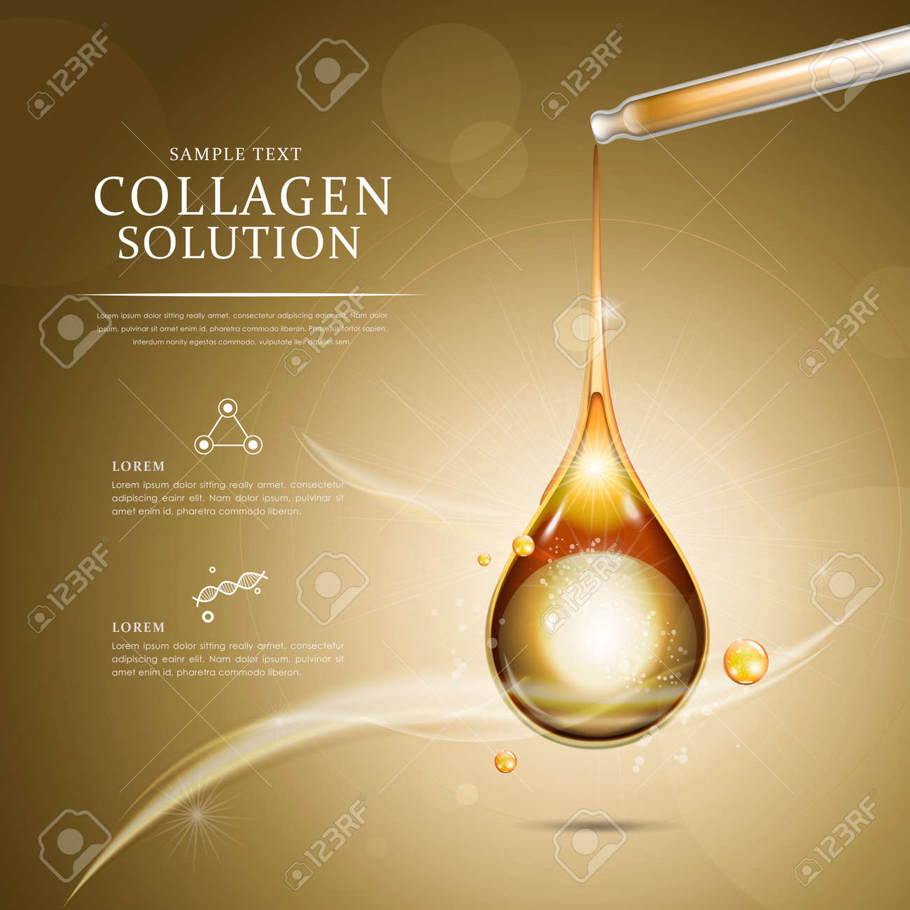 コラーゲン オイル ドロップ広告テンプレート スポイトから滴下黄金色のエッセンシャル オイルのイラスト素材 ベクタ Image