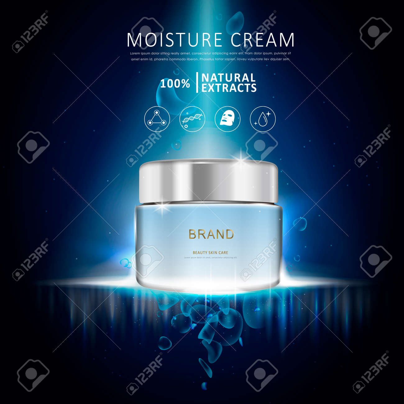 Moisture cream ad template, blank blue cream bottle design isolated on dark blue background - 63775706 Moisture cream ad template, blank blue cream bottle design isolated on dark blue background - 63775706