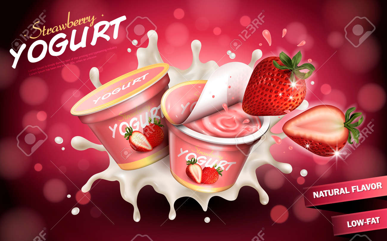 Strawberry Yogurt Ads Appetizing Fruit Yogurt With Cream Texture And Strawberry Splashing In The Air 3d Illustration Isolated On Bokeh Background Royalty Free Cliparts Vectors And Stock Illustration Image 71772352
