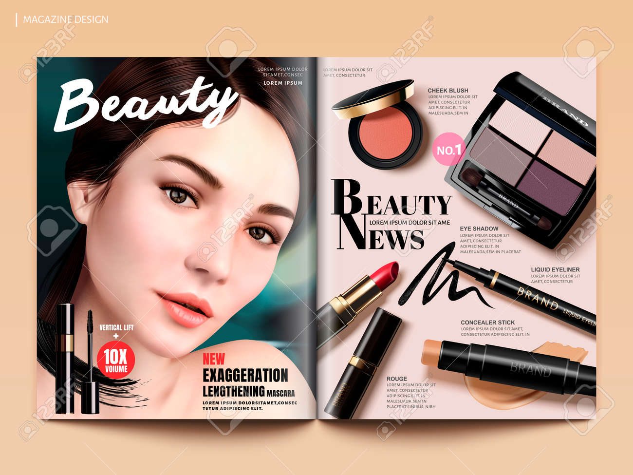 Diseño De La Revista De Belleza, Conjunto De Maquetas De Productos De Maquillaje Con Encantador Retrato De Modelo En La Plantilla De Folleto De Ilustración, Revista O Catálogo 3d Para Usos De Diseño De La Revista De Belleza, Conjunto De Maquetas De Productos De Maquillaje Con Encantador Retrato De Modelo En La Plantilla De Folleto De Ilustración, Revista O Catálogo 3d Para Usos De