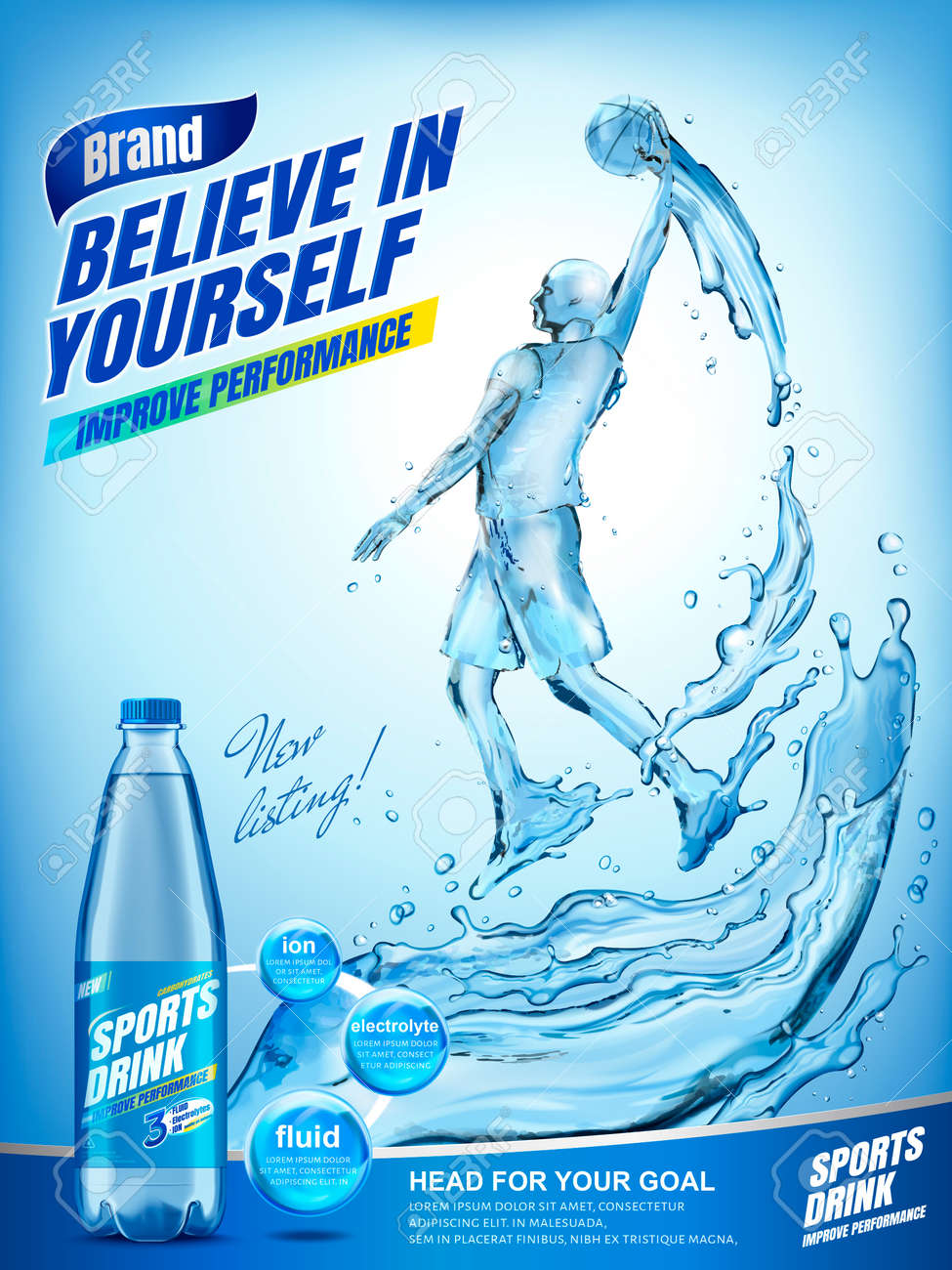 Amazing sports drink ads, liquid basketball athlete jumping up and dunking a ball with splashing liquid and drink bottle in 3d illustration - 86918331 Amazing sports drink ads, liquid basketball athlete jumping up and dunking a ball with splashing liquid and drink bottle in 3d illustration - 86918331
