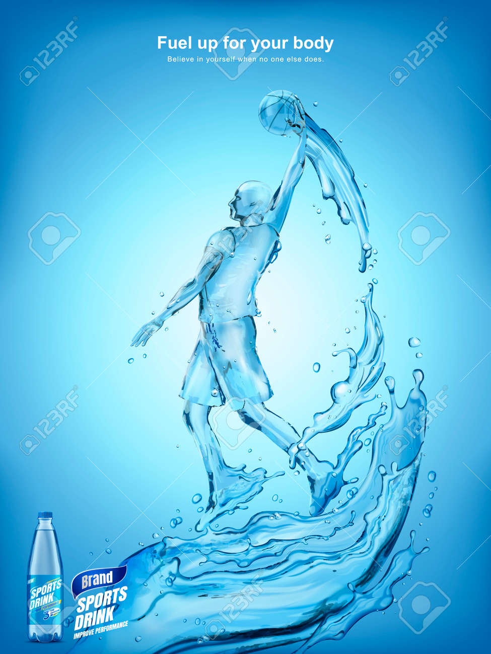 Amazing sports drink ads, liquid basketball athlete jumping up and dunking a ball with splashing liquid and drink bottle in 3d illustration - 86918335 Amazing sports drink ads, liquid basketball athlete jumping up and dunking a ball with splashing liquid and drink bottle in 3d illustration - 86918335