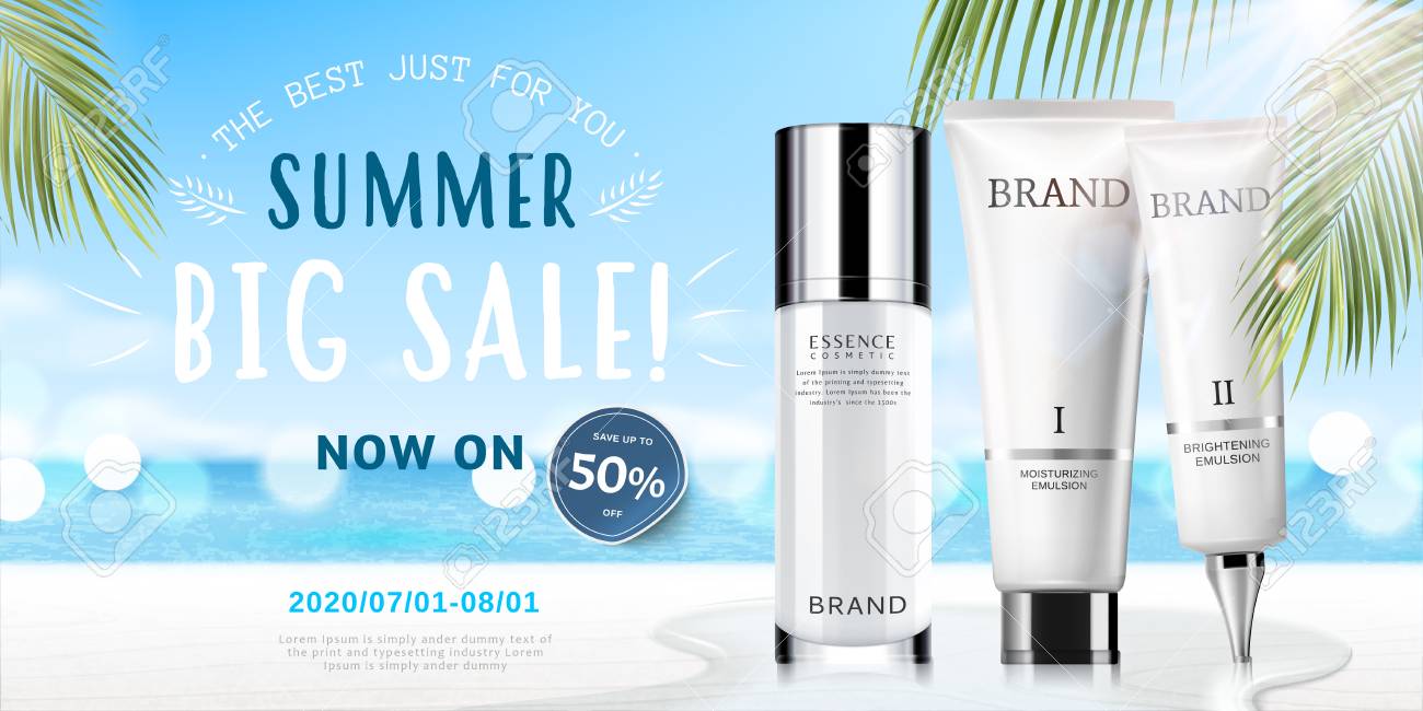Summer cosmetic set ads with products on bokeh beach background in 3d illustration - 102264680 Summer cosmetic set ads with products on bokeh beach background in 3d illustration - 102264680
