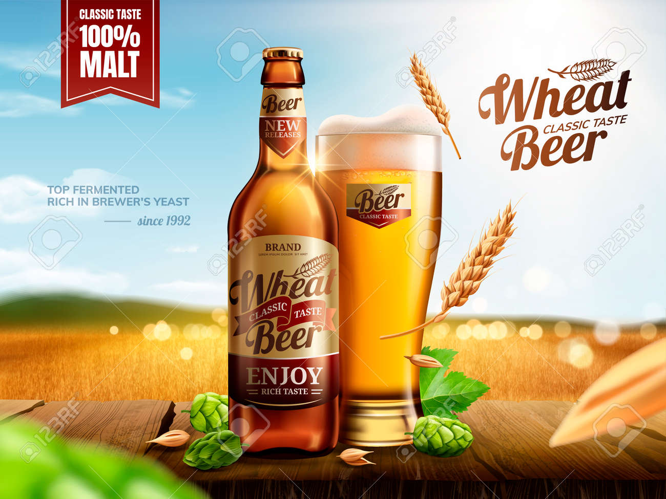 Attractive glass bottle wheat beer with hops on wooden table, bokeh golden wheat field in 3d illustration - 121824139 Attractive glass bottle wheat beer with hops on wooden table, bokeh golden wheat field in 3d illustration - 121824139