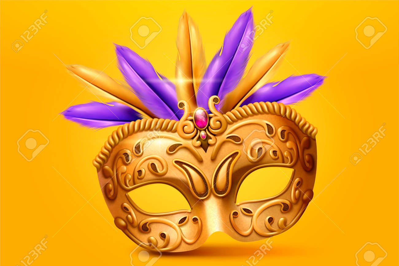 Download Golden Mask And Feather In 3d Illustration On Yellow Chrome Background Royalty Free Cliparts Vectors And Stock Illustration Image 126118521 PSD Mockup Templates
