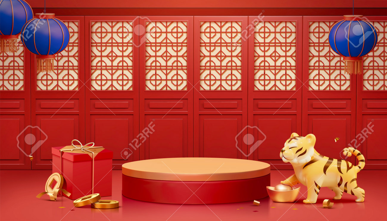 Conception de scène de nouvel an chinois rouge 3d pour l'utilisation d'affichage de produit. podium rond avec cadre de fenêtre chinois, lanternes bleues, jouet tigre et coffret cadeau. signe du zodiaque asiatique 2022 - 177802118 Conception de scène de nouvel an chinois rouge 3d pour l'utilisation d'affichage de produit. podium rond avec cadre de fenêtre chinois, lanternes bleues, jouet tigre et coffret cadeau. signe du zodiaque asiatique 2022 - 177802118