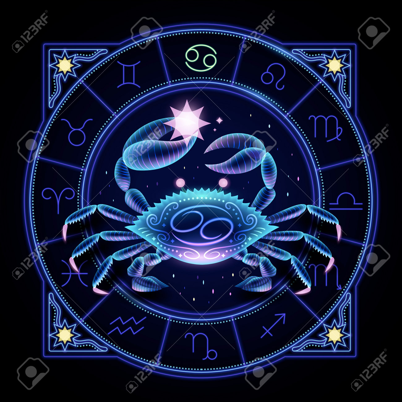 Cancer Zodiac Sign Represented By A Crab Raising Its Chela. Neon Horoscope  Symbol In Circle With Other Astrology Signs Sets Around. Royalty Free SVG,  Cliparts, Vectors, and Stock Illustration. Image 193549348.