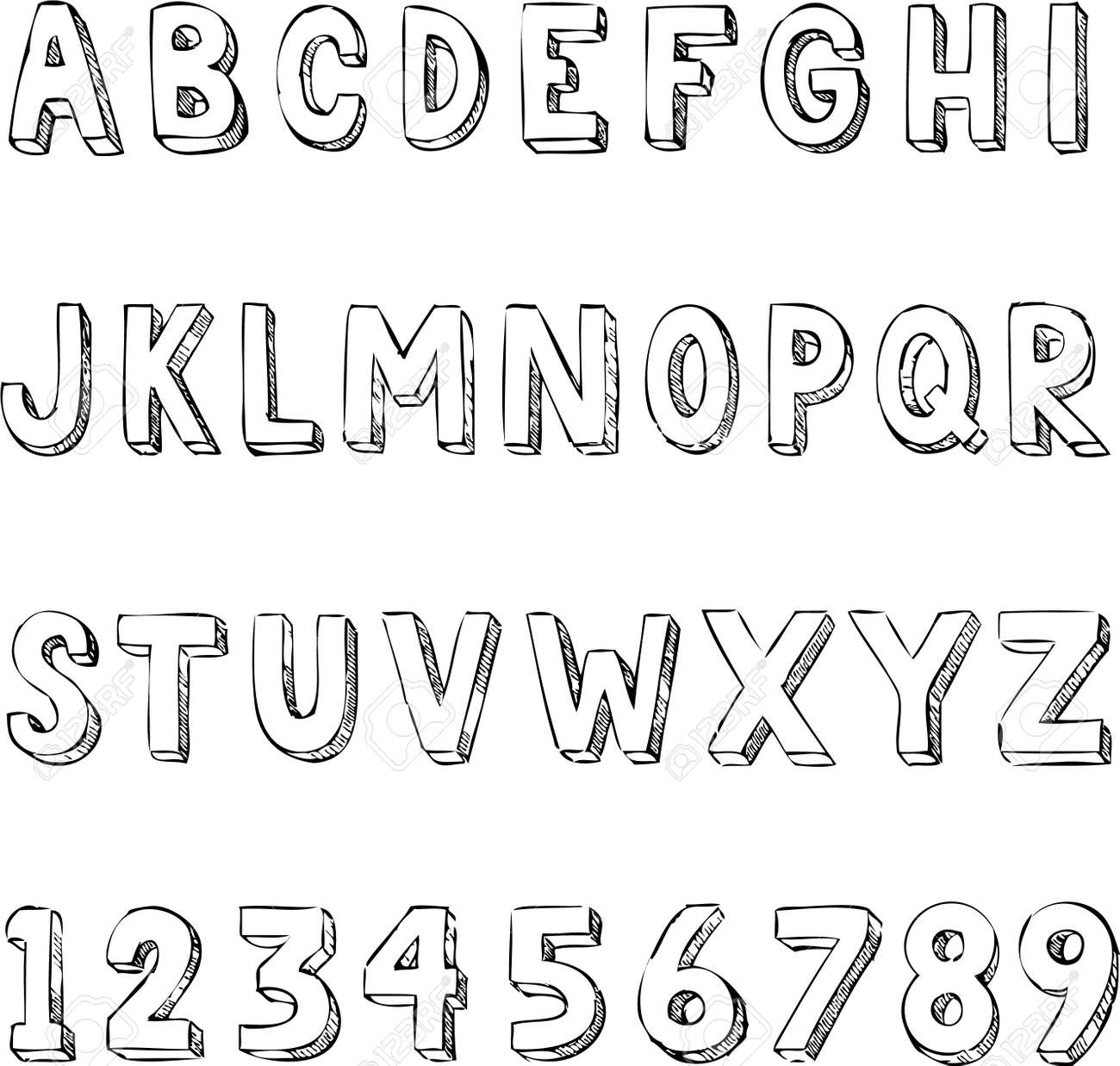 手描きの文字と数字のトレンディなアルファベット文字体裁 のイラスト素材 ベクタ Image