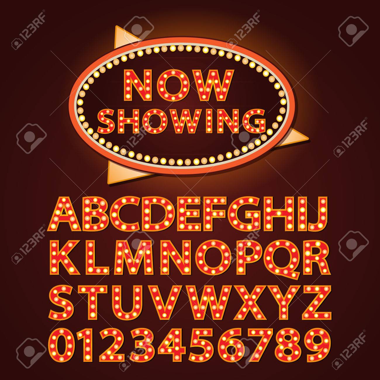 ベクター オレンジ色のネオン灯文字フォント表示映画館および劇場のイラスト素材 ベクタ Image