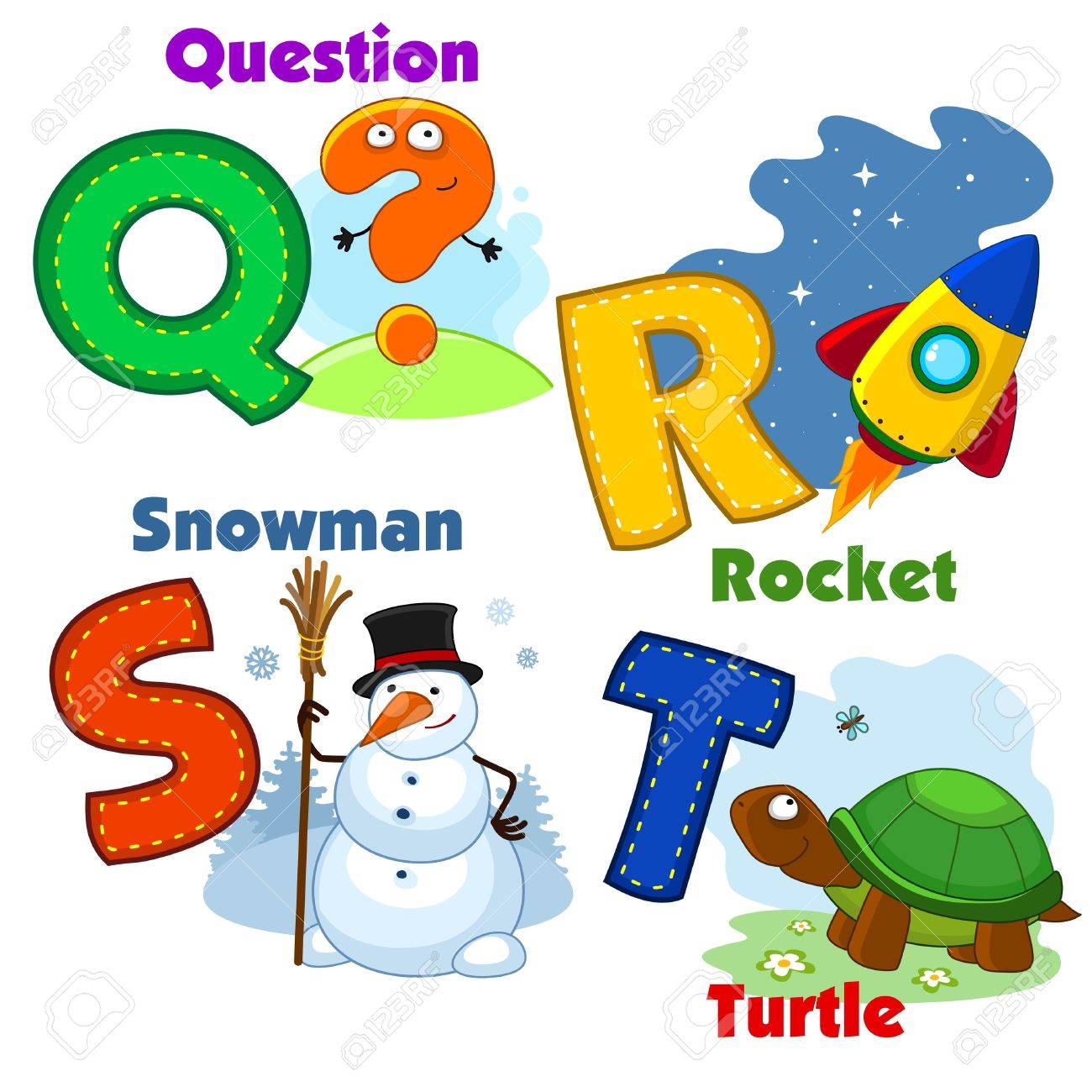English Alphabet Qrst With Letters And Pictures To Them Stock Vector 44308919