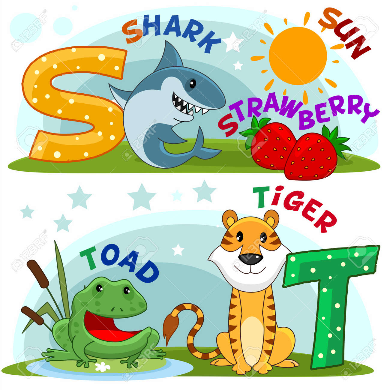 色漫画子供のための S と T の文字と英語のアルファベット のイラスト素材 ベクタ Image 色漫画子供のための S と T の文字と英語のアルファベット のイラスト素材 ベクタ Image