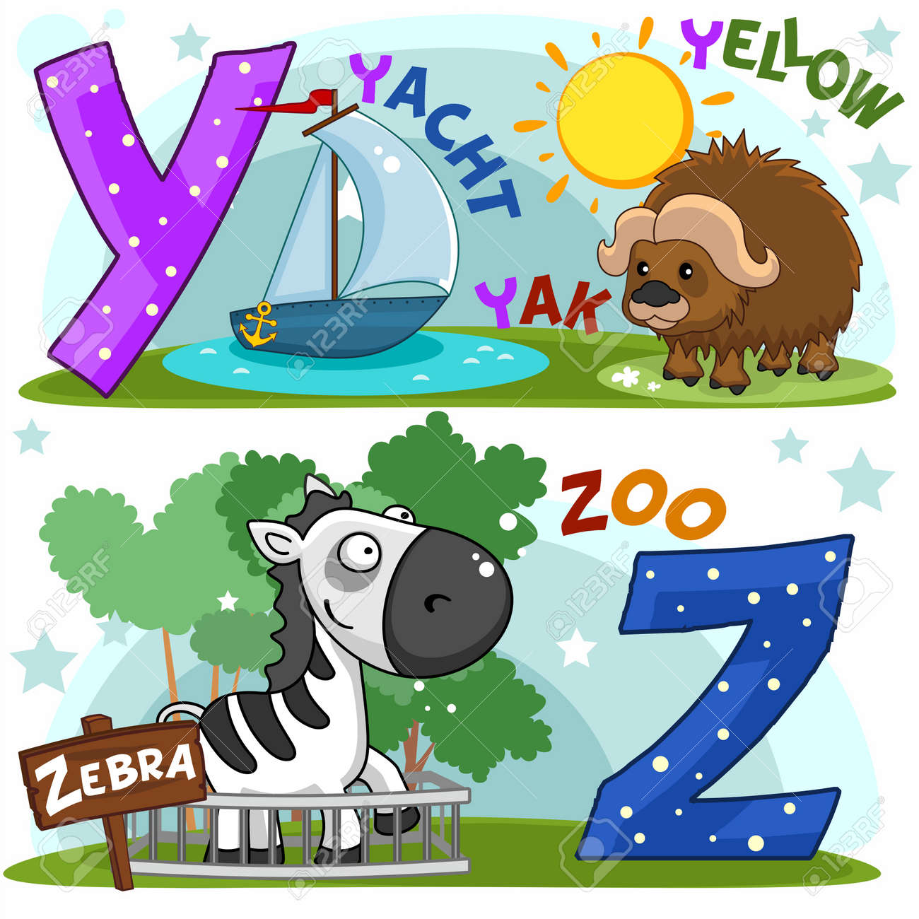 Colorido Alfabeto Ingles De Dibujos Animados Con Letras Y Y Z Para Ninos Ilustraciones Vectoriales Clip Art Vectorizado Libre De Derechos Image
