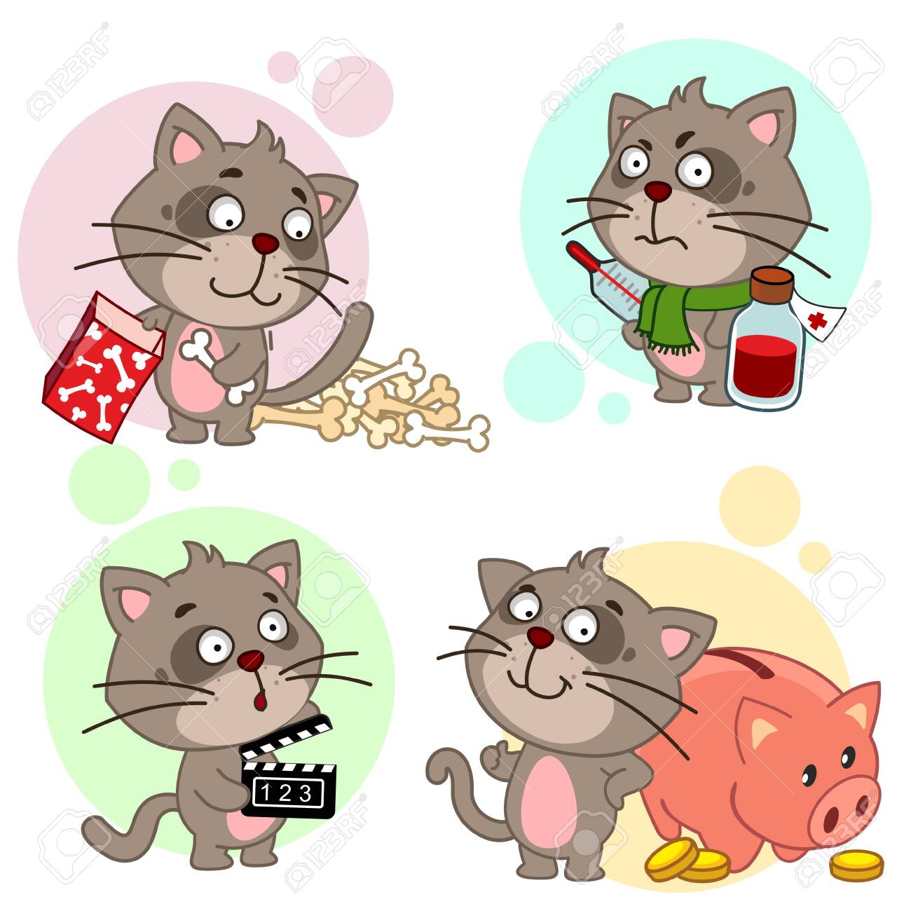 デザイン用猫とアイコンのコレクション。猫は箱の中で骨を折り、猫は体温計と首にスカーフを巻いた薬で病気で、猫は豚の貯金箱とコインの近くに立って、猫はフィルムを撮影します。のイラスト素材・ベクター  Image 140494901