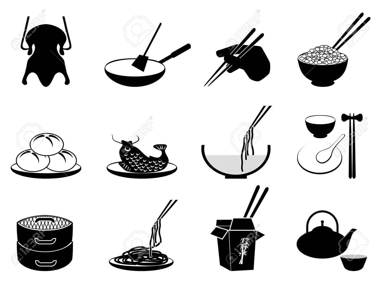 中華料理のアイコン セット ホワイト バック グラウンドから分離された黒のイラスト素材 ベクタ Image