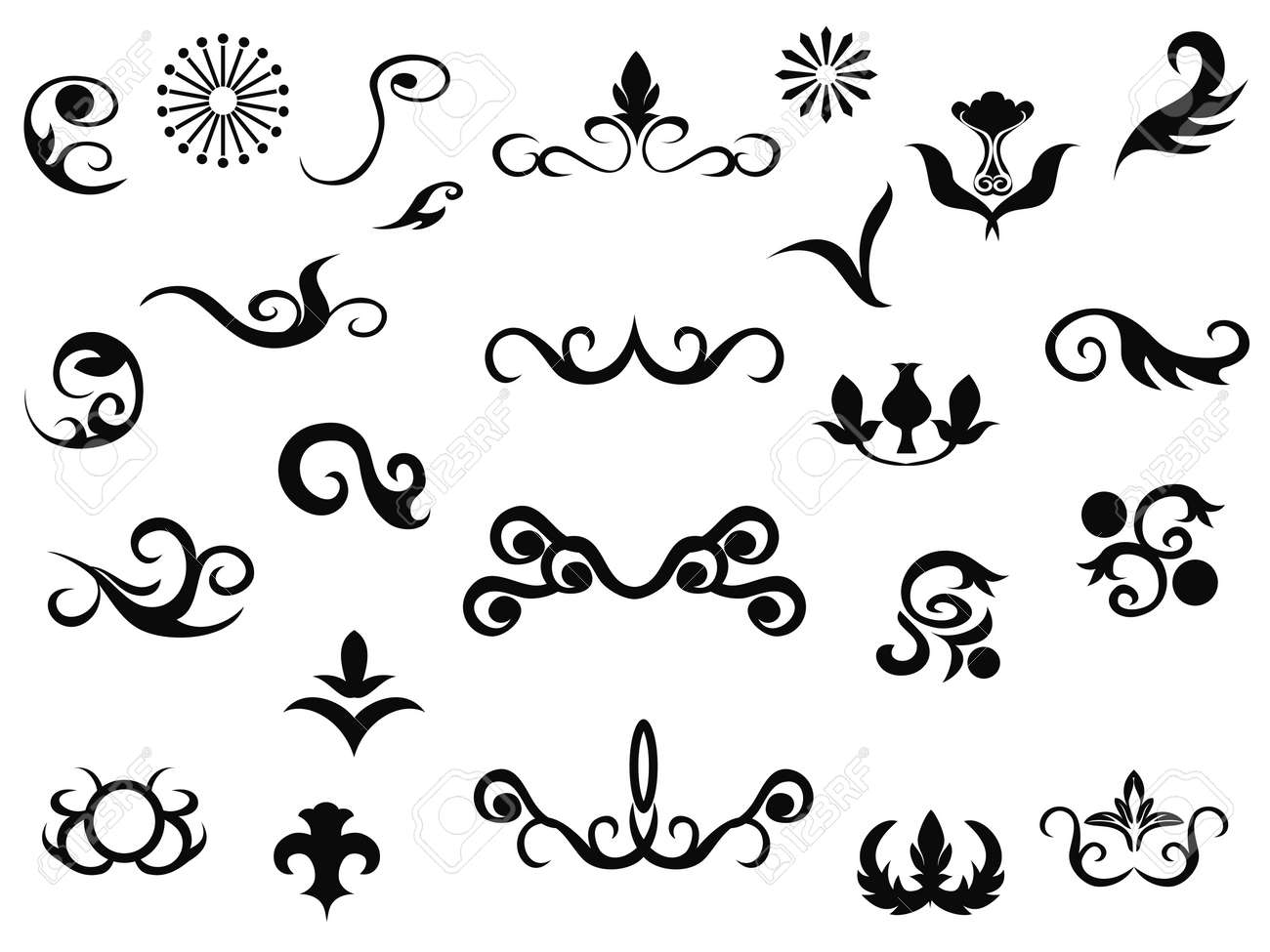 isolated black ornamental design elements from white background