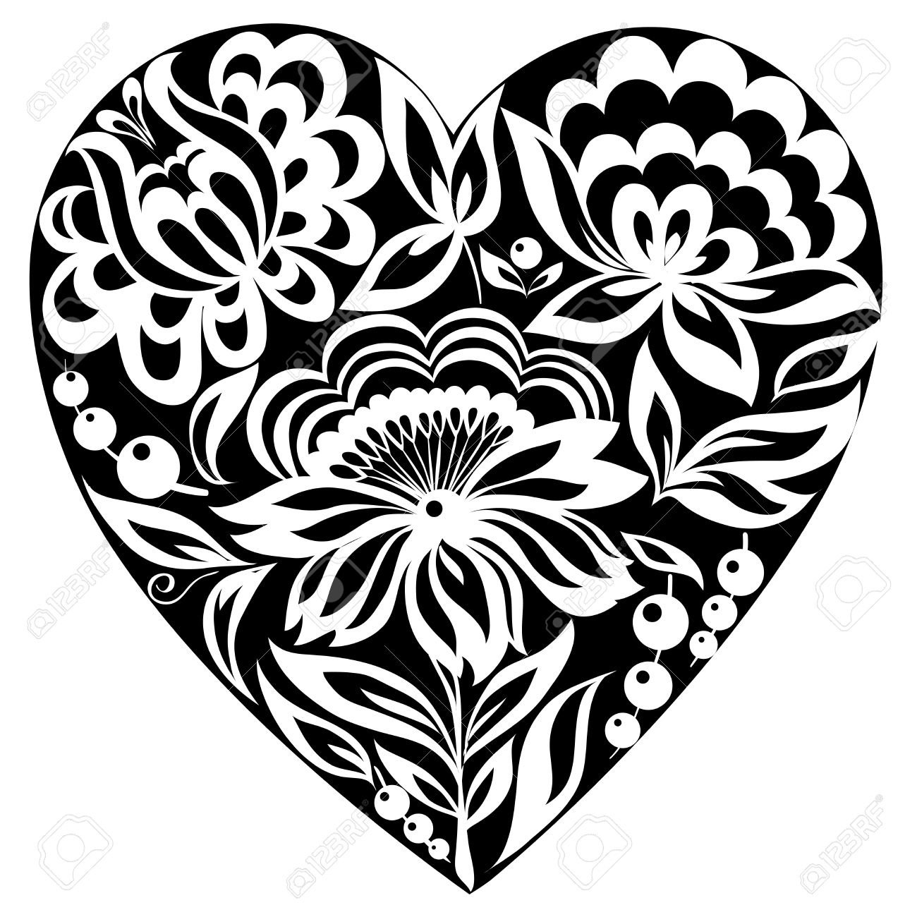 silhouette of the heart and flowers on it. Black-and-white image. Old style - 17218678 silhouette of the heart and flowers on it. Black-and-white image. Old style - 17218678