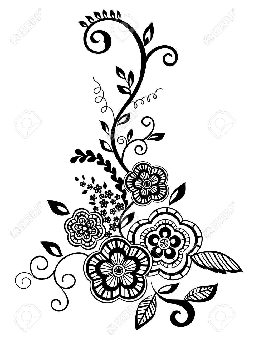 Beautiful floral element. Black-and-white flowers and leaves design element with imitation guipure embroidery. - 17833415 Beautiful floral element. Black-and-white flowers and leaves design element with imitation guipure embroidery. - 17833415