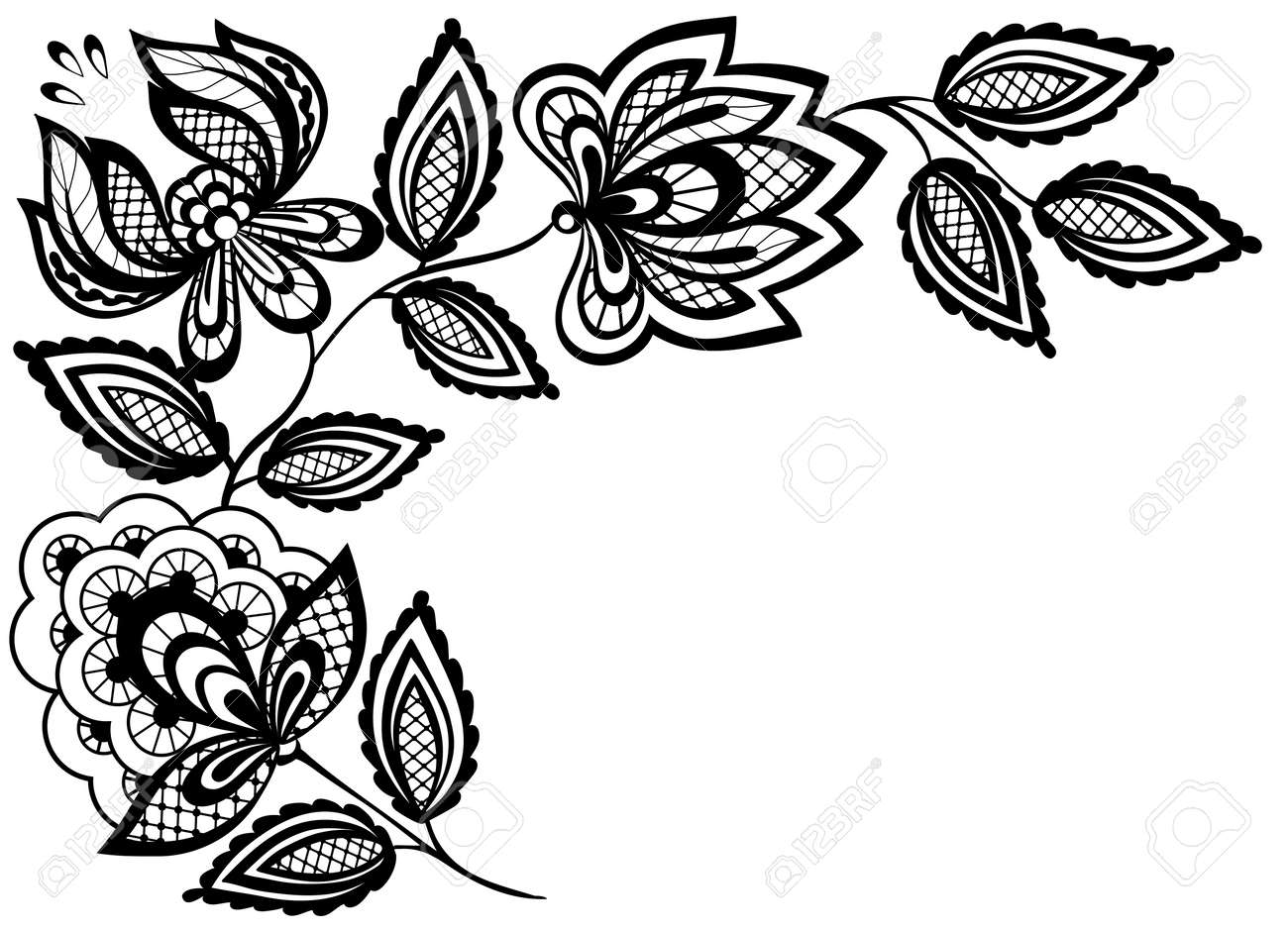 Black and white lace flowers and leaves isolated on white. Many similarities to the author's profile - 18120352 Black and white lace flowers and leaves isolated on white. Many similarities to the author's profile - 18120352