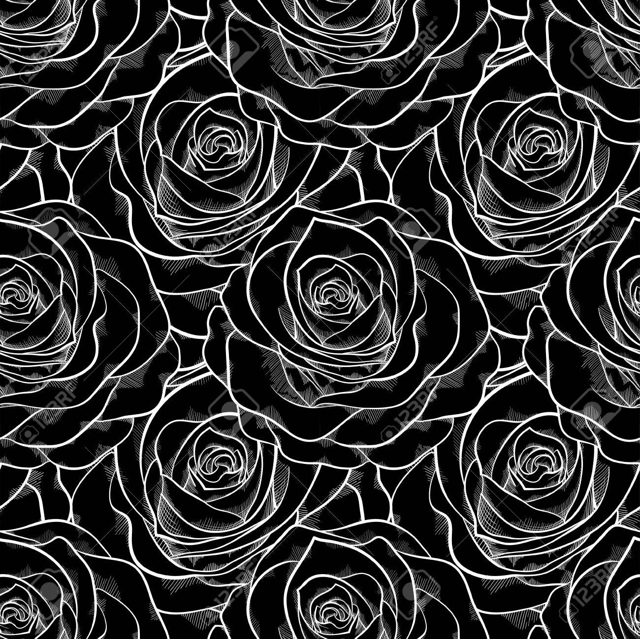 Beautiful Black And White Seamless Pattern In Roses. Background For Design  For Greeting Card And Invitation Of The Wedding, Birthday, Valentine's Day,  Mother's Day And Other Seasonal Holiday Royalty Free SVG, Cliparts,, image size:1300x1299