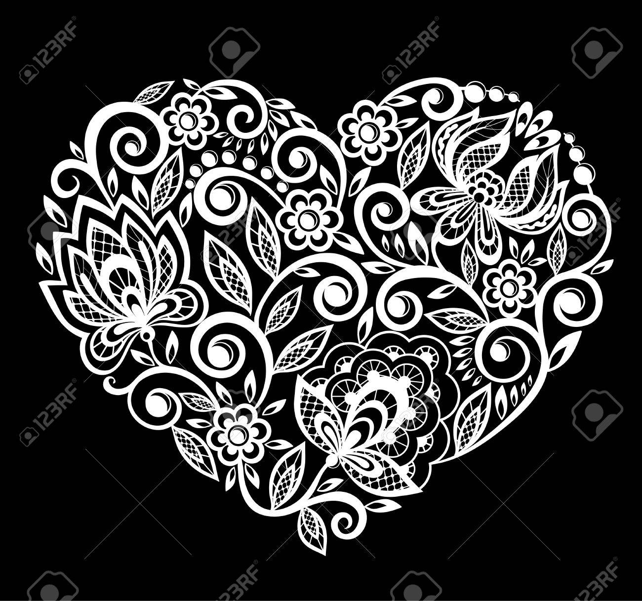 Belle Silhouette Du C Ur De Fleurs En Dentelle Feuilles Isole Sur Blanc Conception De Tatouage Ou De Carte De Voeux Et Invitation De Mariage Anniversaire Saint Valentin La Fete Des Meres Et Des