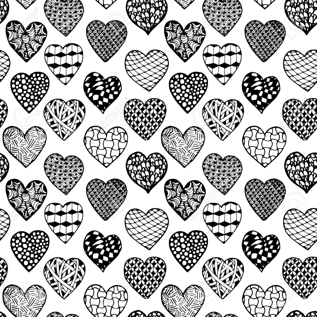 Schone Einfarbige Gezeichnete Nahtlose Schwarzweiss Herzen Des Hintergrundes Hand Muster Malbuch Design Fur Urlaub Grusskarte Und Einladung Der Hochzeit Valentinstag Muttertag Geburtstag Lizenzfrei Nutzbare Vektorgrafiken Clip Arts