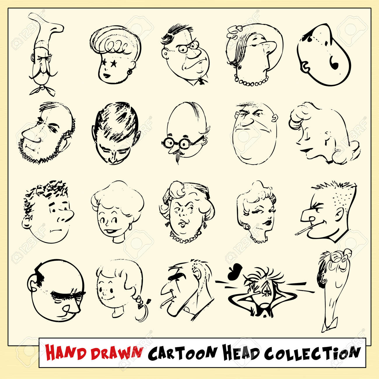 collection of twenty hand drawn cartoon heads in black isolated