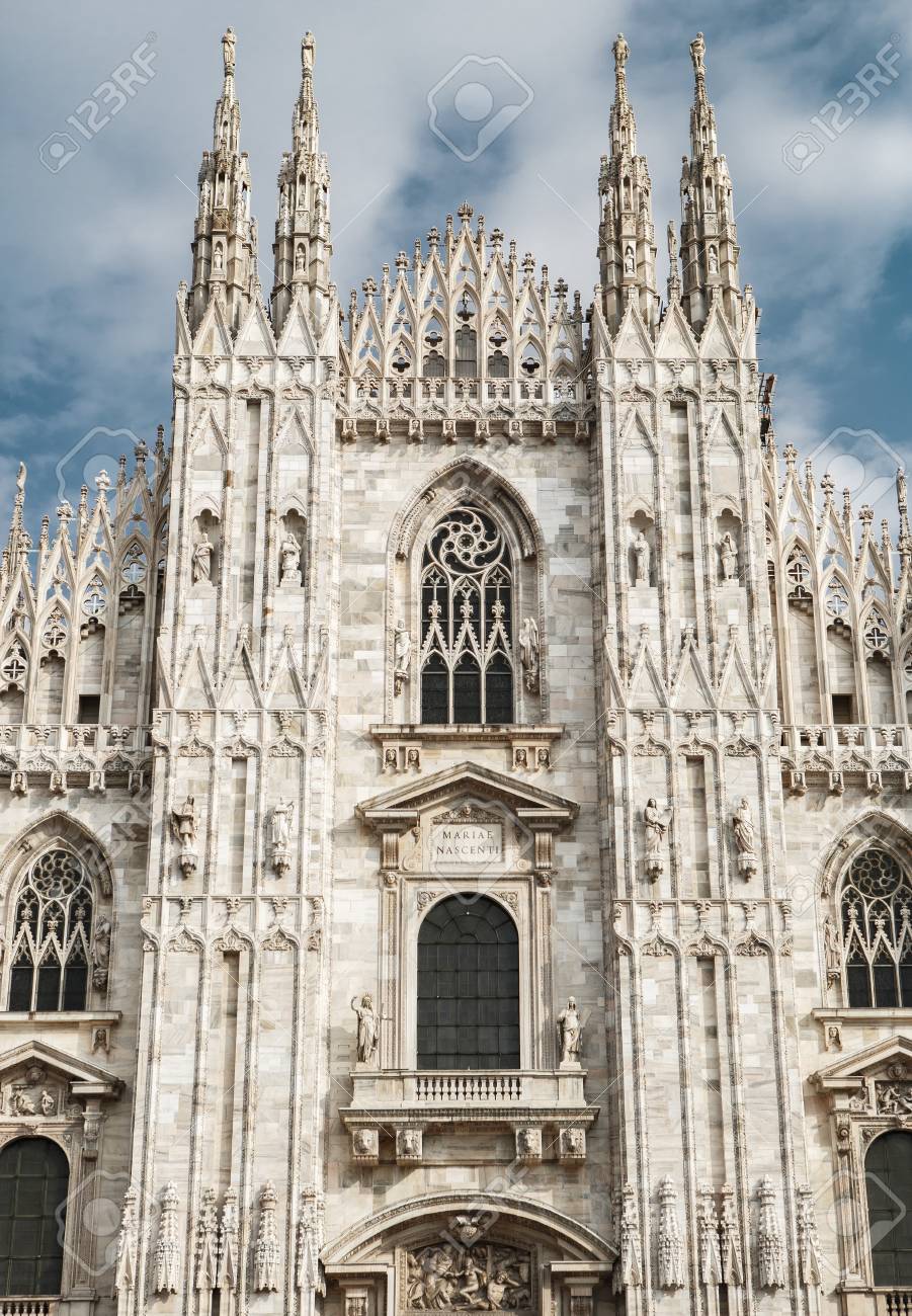 Cathedral Church Of Milan Beautiful Italian Temple Dedicated To St Mary Of The Nativity Located In Piazza Di Duomo Classic Gothic Architecture Built Of White Marble Stone Stock Photo Picture And Royalty Free Image