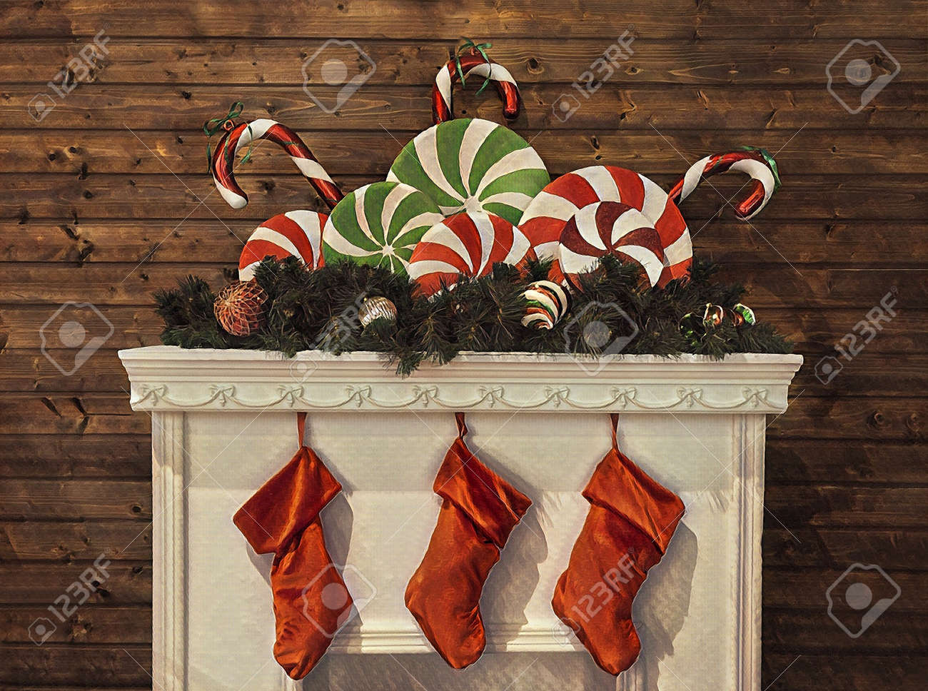 Vintage Christmas Wallpaper Decorated Fireplace With Toys Sticks