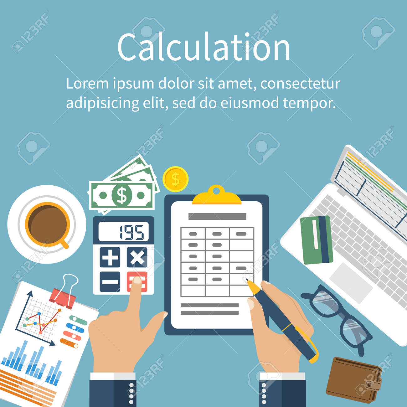 Calculation concept. Businessman, accountant . Flat design, Vector Illustration. Financial calculations, counting profit, income, taxes, statistics, data analytics, planning, report. - 54109311 Calculation concept. Businessman, accountant . Flat design, Vector Illustration. Financial calculations, counting profit, income, taxes, statistics, data analytics, planning, report. - 54109311