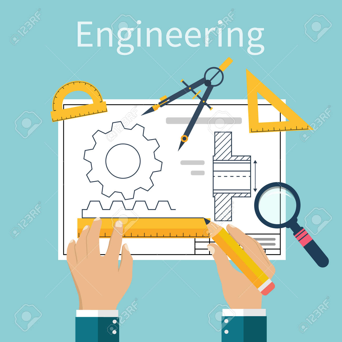 Engineer working on blueprint. Engineering drawing, technical scheme. Sketching gear, project. Engineer Designer in project. Drawings for production, engineering, manufacturing processes. Vector, flat - 54110314 Engineer working on blueprint. Engineering drawing, technical scheme. Sketching gear, project. Engineer Designer in project. Drawings for production, engineering, manufacturing processes. Vector, flat - 54110314