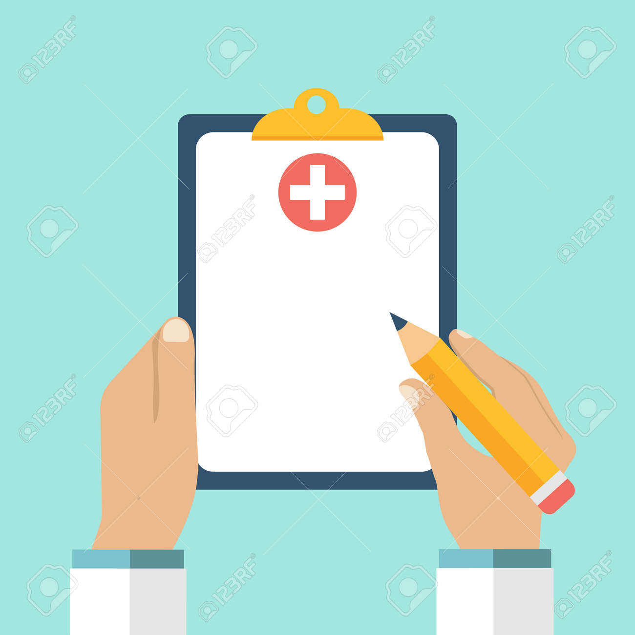 Clipboard in his hand doctor. Doctor takes notes in a Clipboard. Clipboard, hand, pen. Medical report, medical background. Vector, flat design. Patient care. Blank clipboard, template. - 54110324 Clipboard in his hand doctor. Doctor takes notes in a Clipboard. Clipboard, hand, pen. Medical report, medical background. Vector, flat design. Patient care. Blank clipboard, template. - 54110324