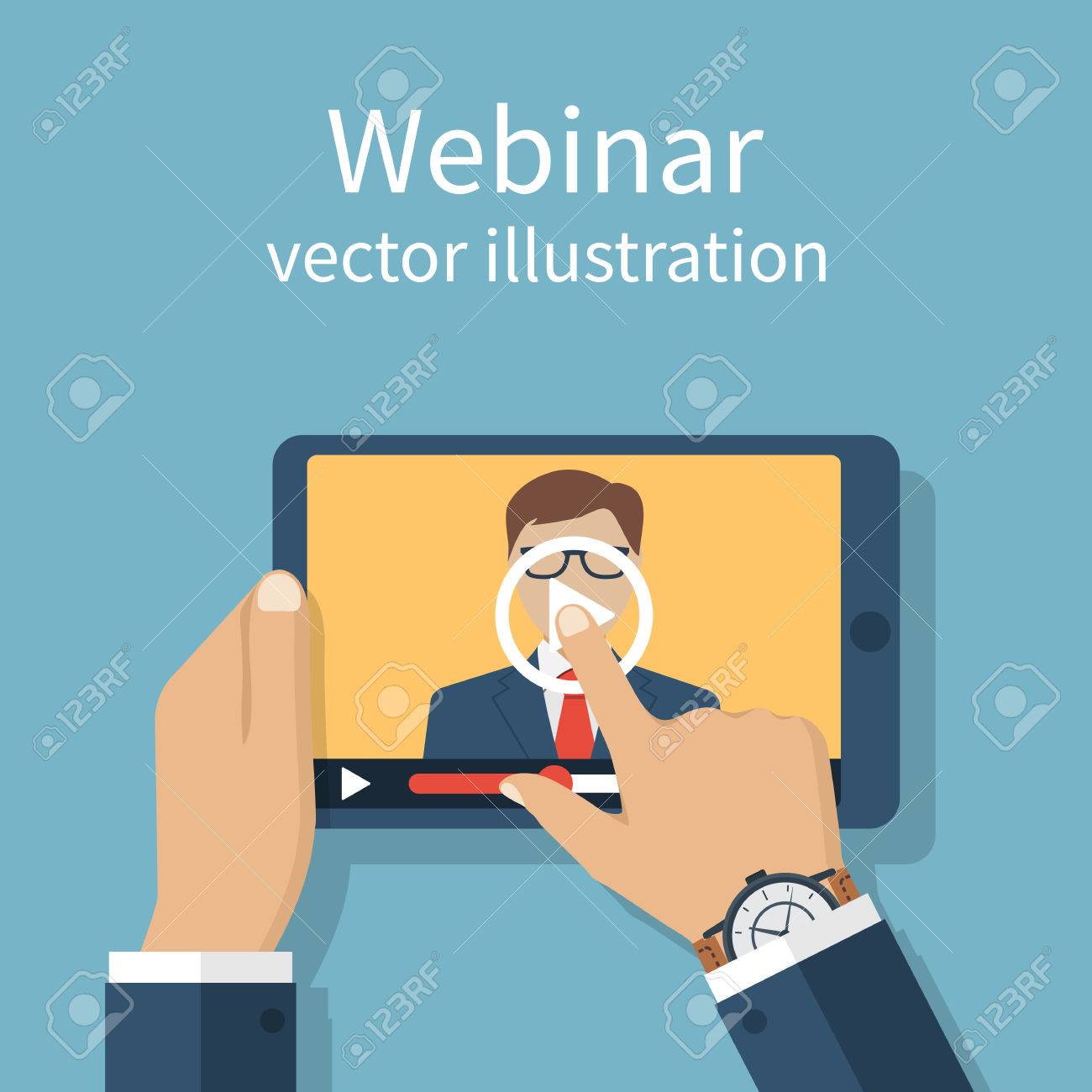ウェビナー オンライン会議 講演会 インターネットでトレーニングします 遠隔学習 ベクトル フラットなデザイン オンライン プレゼンテーション 実業家の手タブレット画面に触れます ウェビナーの Web テンプレートのバナーです のイラスト素材 ベクタ